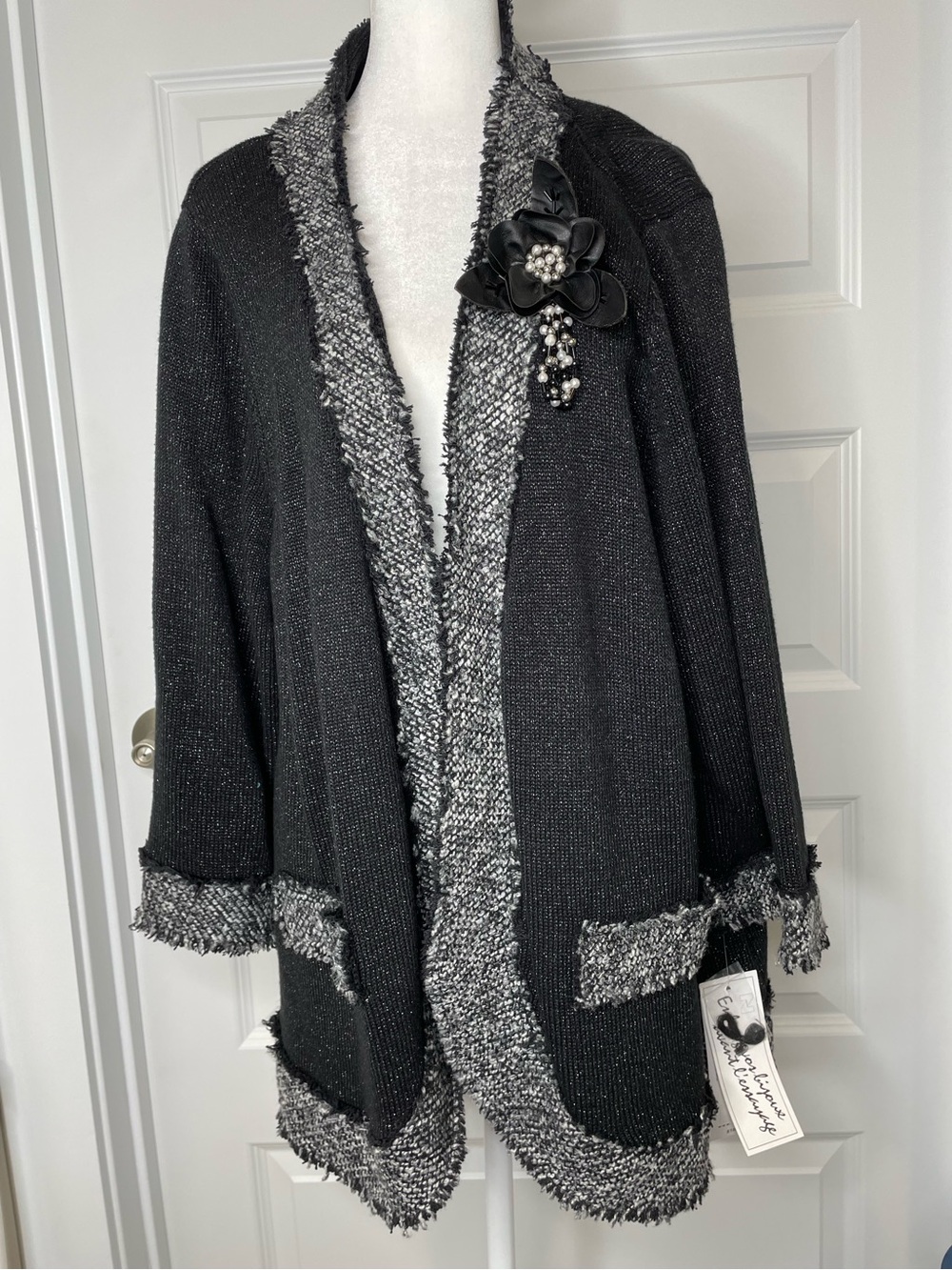 Peter Nygard Black Cardigan with Gray Bouclé Trim and Brooch Size 3x